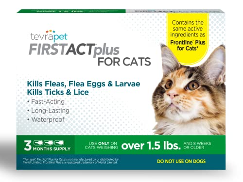 TevraPet FirstAct Plus Flea and Tick Topical for Cats over 1.5lbs, 3 Dose Waterproof Flea and Tick Control/Prevention for 3 Months