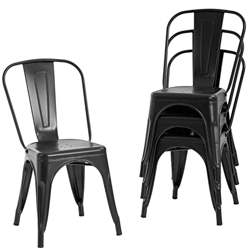 FDW | Metal Dining Chairs | Set of 4 | Black | Stackable Tolix Side Chairs with Backrest | Scratch-Resistant | Non-Slip Feet | Indoor/Outdoor Use | 330 lbs Capacity | for Kitchen & Restaurant