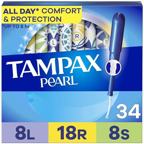 Tampax Pearl Tampons for Women Multipack, with LeakGuard Braid, Light/Regular/Super Absorbency, Unscented, 204 Count (6 Packs of 34)