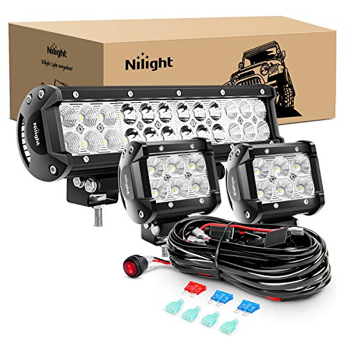 Nilight 12 Inch 72W Spot Flood Combo Led Light Bar 2Pcs 4Inch 18W Flood LED Pods Fog Lights Off Road with Wiring Harness Kit-3 Leads for Van Camper Car Pickup Golf Cart ATV UTV SUV Truck Boat 4x4