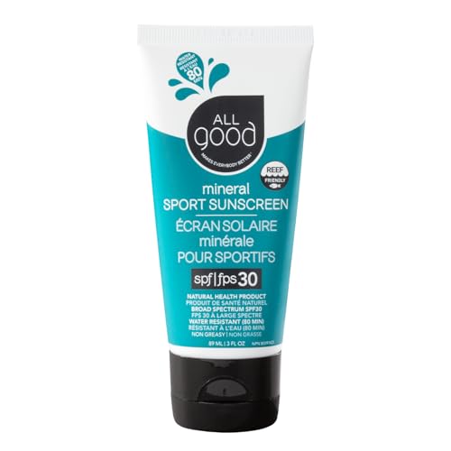 All Good Sunscreen - Sport Mineral Sunscreen Lotion, Reef Friendly, SPF 30+ for Face & Body, Water & Sweat Resistant (3 oz)