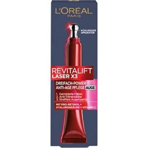 (-37%) L'Oréal Paris Anti-Aging-Augenpflege mit Dreifachpower für Frauen: für gemilderte Falten, reduzierte Tränensäcke, straffere Haut mit Pro-Retinol, Vitamin C und Hyaluronsäure, RevitaLift Laser, 15ml