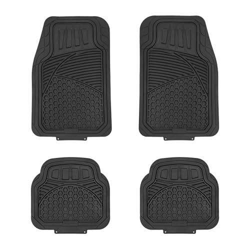 Amazon Basics Heavy Duty Car Floor Mat, PVC Faux Rubber, with Carpet Backing, Universal Deluxe All-Weather Trim to Fit for 95% Automotive SUV Sedans Trucks, 4-Piece, Solid Black