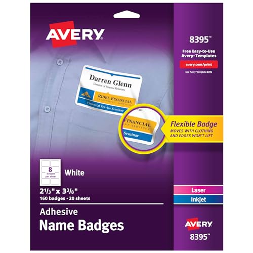 Avery Flexible Printable Name Badges, 2-1/3" x 3-3/8" Rectangle Labels, White, 5 Packs, 800 Removable Name Tag Stickers Total (8395)