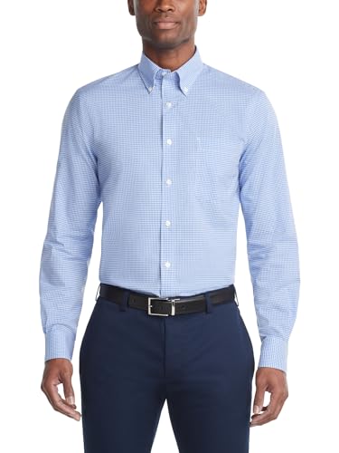 Tommy Hilfiger Men's Dress Shirt Regular Fit Non Iron Gingham, English Blue, 17.5" Neck 34"-35" Sleeve