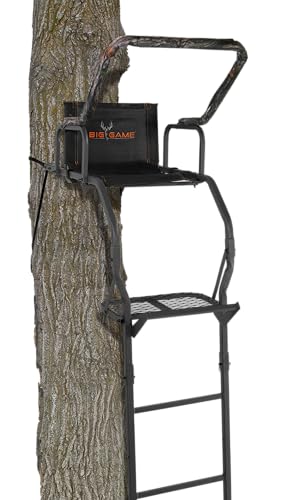 BIG GAME 1-Person Ladder Tree Stand for Hunting Deer, Flex-Tek Seat, 17' Tall, Black - Adjustable Climbing Treestand with Platform and Safety Harness for Shooting