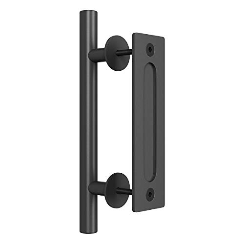 SMARTSTANDARD 12" Heavy Duty Sliding Barn Door Handle, Pull and Flush Hardware Set, Black Powder Coated Finish, Large Rustic Two-Side Design, Round