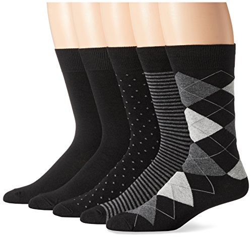 Amazon Essentials Mens Comfortable Patterned Dress Socks, 5 Pairs, Black/Dots/Plaid/Stripe, Size 8-12
