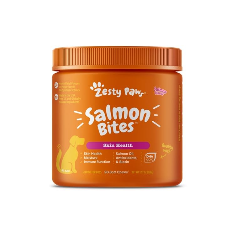 Zesty Paws Salmon Oil for Dogs Skin and Coat, Omega 3 Fish Oil Chews, Dog Allergy Relief Chews, Itch Relief Supplement, 90 Count, Salmon Flavor