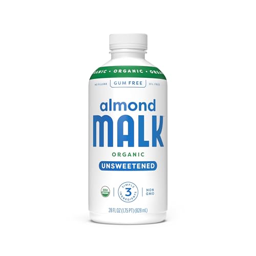 Malk Organic Unsweetened Almond Milk - 28 fl oz - Non GMO, Whole 30 approved, Dairy Free, Vegan, Plant Based