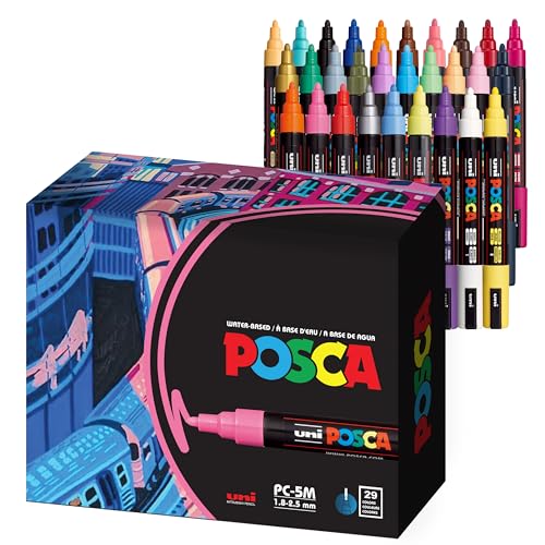 Uni Posca Paint Markers, 5M Medium Acrylic Markers with Reversible Tips, Art Supplies For Gifts, Decorations, Fabric, Metal, Glass, Wood and Canvas, Assorted Colors, Set of 29