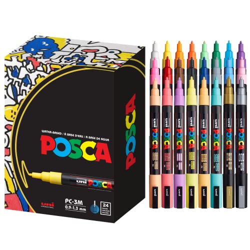 posca Paint Markers, 3M Fine Acrylic Markers with Reversible Tips, Art Supplies For Gifts, Decorations, Fabric, Metal, Glass, and Canvas, Assorted Colors, Set of 24