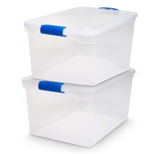 HOMZ 2-Pack Latching Lid, Large Clear Plastic Storage Bins with Lids, 66 Quart, Blue Latch - Stackable Container Boxes for Home, Bathroom, and Office Organization