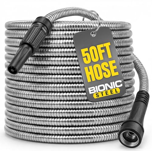 BIONIC STEEL 50 Ft Metal Garden Hose with Sprayer Nozzle, Non Kinking Designed Stainless Steel Heavy Duty Water Hose 50F