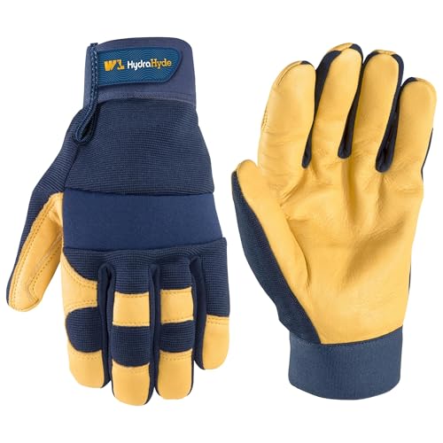 Wells Lamont Men's Leather Palm Work Gloves – HydraHyde Water-Resistant Leather, Flexible Spandex Back, Adjustable Closure – Ideal for Construction, Landscaping, DIY Projects – Blue, Large (3207L)