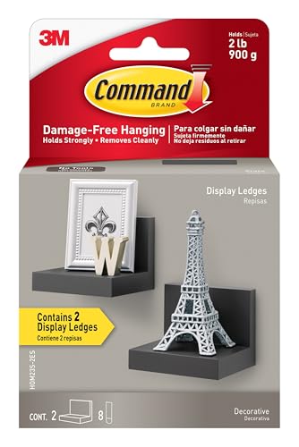 Command Display Ledges, Holds up to 2 lb, Slate, 2 Ledges with 8 Medium Command Strips, Damage Free Hanging Floating Shelf with Adhesive Strips, Personalize Living Room, Bedroom, Kids Room or Office
