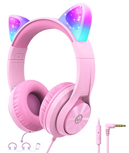 iClever Kids Headphones with Cat Ear Led Light Up, Safe Volume Limite, FunShare, Foldable, Over-Ear Headphones for Kids for School/iPad/Tablet/Travel, Meow Donut-Pink