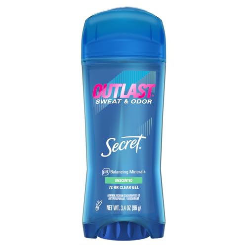 Secret Outlast Antiperspirant Deodorant for Women, 72hr Sweat & Odor Protection, PH Balancing Minerals, Clear Gel, Unscented 3.4 oz