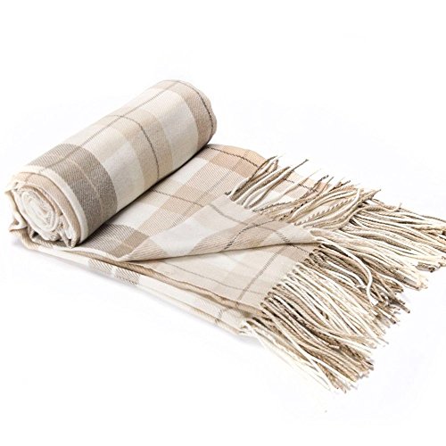 BATTILO HOME Fall Plaid Throw Blanket for Couch, Farmhouse Checkered Decor Throw, Lightweight Beige Throw Blankets for Bed Sofa Neutral Fall Decor, 50"x60"