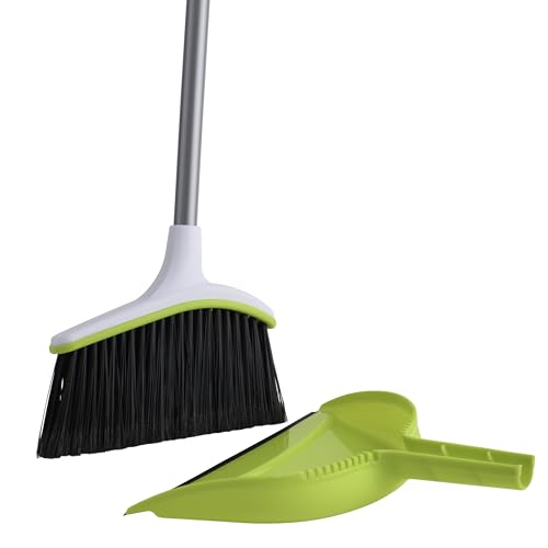 Casabella Basics 2-Piece Angled Broom and Dustpan Set, 44" Angled Broom with Long Handle and Dustpan, Silver/Green