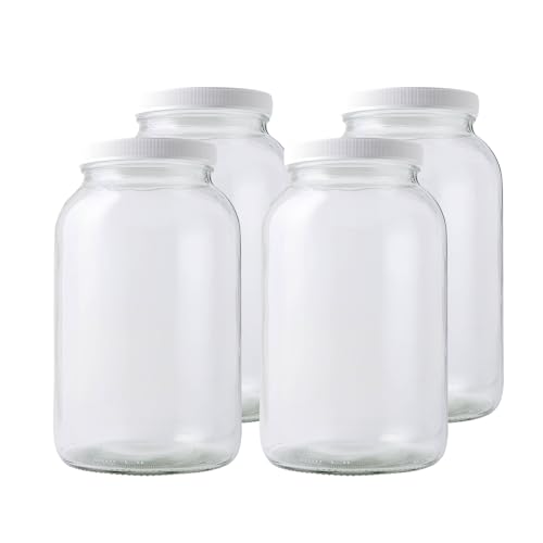 FastRack 1 Gallon Mason Jar with White Airtight Lid (Pack of 4) | Regular Glass Canisters with Airtight Lids | Large Mouth Glass Jar for Food Storage, Canning, Fermentation, Pickling