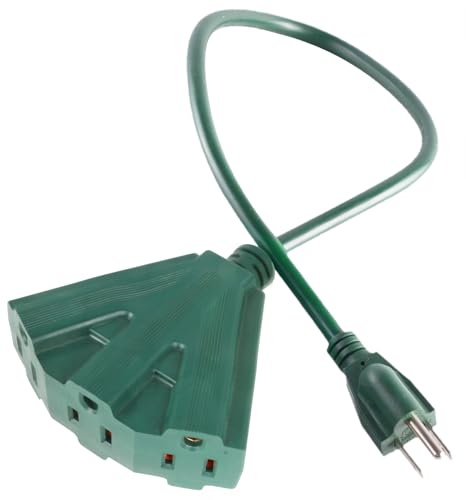 MaxWorks 80697 Heavy Duty 3-Ft Extension Cord, 16/3 SJTW, 3-Outlet, 125V/15A/1875W, ETL Approved, Indoor/Outdoor Use, Green – Converts 1 Outlet to 3