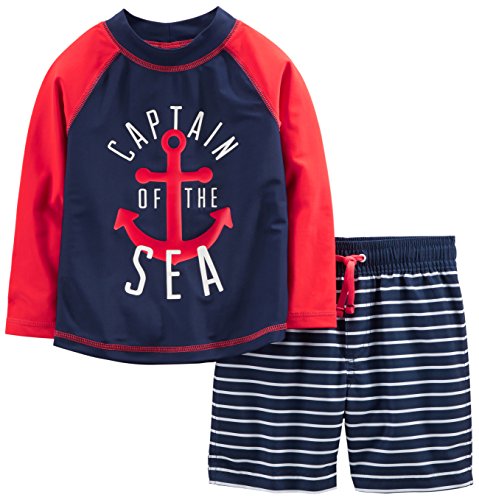 🔥 SELTEN SO GÜNSTIG (-71%) Simple Joys by Carter's Baby Jungen Swimsuit Trunk and Rashguard Rash-Guard-Set, Marineblau Rot Anker/Weiß Streifen, 6-9 Monate