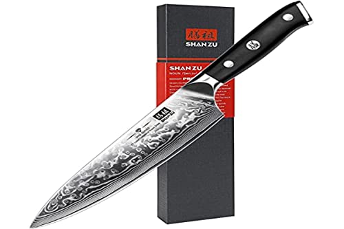 SHAN ZU Chef Knife 8 Inch Japanese Steel Damascus Kitchen Knife, Professional Kitchen Knives Sharp High Carbon Super Steel Kitchen Utility Knife