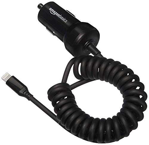 Amazon Basics 12W (5V, 2.4A) Fast Car Charger with Coiled Lightning Cable, MFi Certified for iPhone, iPad and Apple Devices, 1.5 ft, Black