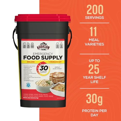AUGASON FARMS Emergency Food Supply Bucket, 200 Servings, Dehydrated Meal Kit, Variety Pail, Long Shelf Life Just-Add-Water Meals for Prepping, Disaster Survival, Camping, Hiking, and More
