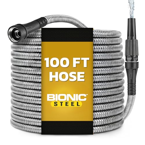 BIONIC STEEL 100 Ft Metal Garden Hose with Sprayer Nozzle, Non Kinking Designed Stainless Steel Heavy Duty Water Hose 100 Ft x 5/8 in. Flexible NON Expandable for Uninterrupted Water Flow, 500 PSI
