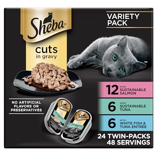 Sheba Perfect Portions Wet Cat Food Cuts in Gravy Variety Pack, with Sustainable Salmon, with Sustainable Tuna, and Delicate Whitefish & Tuna Entree, 2.6 oz. Twin-Pack Trays (24 Count, 48 Servings)