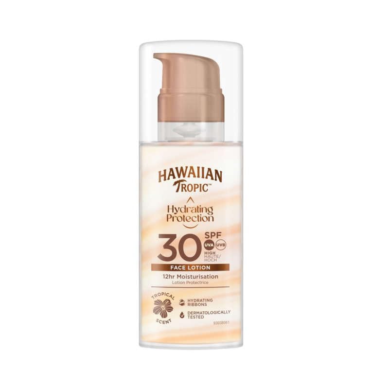 Hawaiian Tropic Hydrating Protection Face Sunscreen SPF 30 UVA plus UVB Protection, 50 ml, 12-Hour Moisturisation, Make Up Compatible, Water Resistant, Vegan