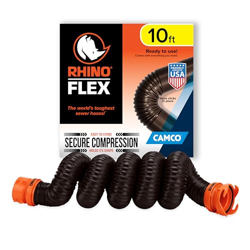 Camco RhinoFLEX 10’ RV Sewer Hose Extension - Features Collapsible Design for RV Storage - Includes Pre-Attached Lug & Bayonet Fitting -Heavy Duty Polyolefin & Reinforced w/Steel Wire (39774)