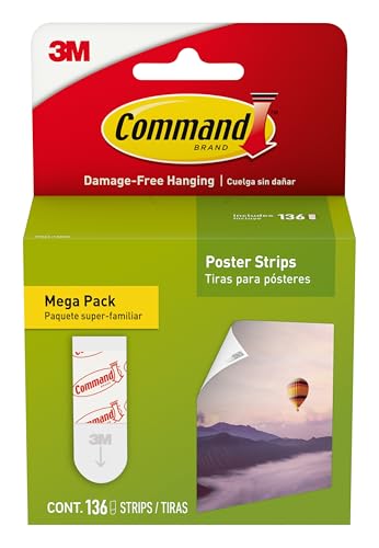 Command Poster Strips Mega Pack, 136 Command Strips Damage-Free Hanging Poster Hangers, No Tools Great for Home, Room, Wall, and Office Decor, White Adhesive