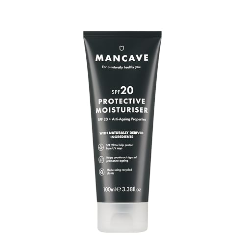 ManCave SPF 20 Face Moisturiser for Men 100ml | Sun Protection, Anti-Ageing, Rosehip Oil & Vitamin E | Vegan Daily Sunscreen Moisturiser | Made in UK