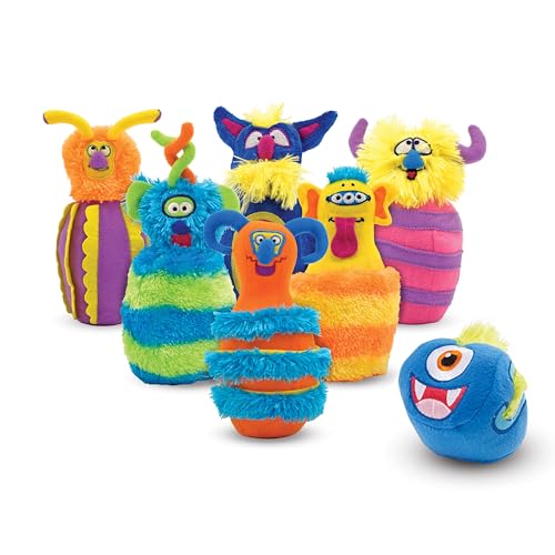 Melissa & Doug Fuzzy Monster Bowling Pins and Ball with Mesh Storage Bag - 8 Pieces Toddler Plush Indoor Bowling Set, for Toddlers and Kids Ages 2+