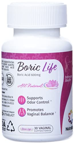 NutraBlast Boric Acid Vaginal Suppositories - 100% Pure Made in USA - Boric Life Intimate Health Support (30 Count)