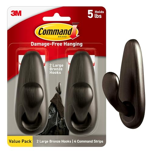Command 5 lb Large Oil Rubbed Bronze Metal Hooks, 2 Coat Hooks and 4 Strips, Damage-Free Hanging with Adhesive, Forever 