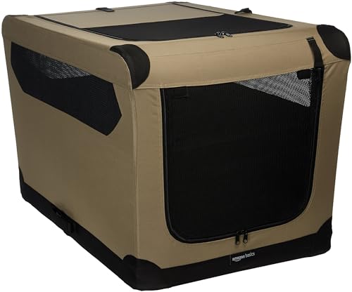 Amazon Basics Folding Soft Crate for Cat, Dog, Rabbit, Portable and Collapsible, 36 Inch, Tan, L 36" x 24" x 24"