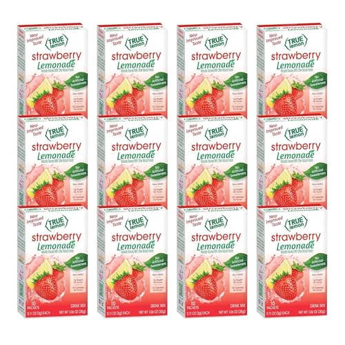 True Lemon Strawberry Lemonade Drink Mix, Made from Real Lemons, Low Calorie, Low Sugar, Lemonade Drink Mix, 10 Count, 1.06 oz (Pack of 12)