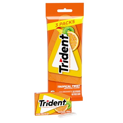 Trident Tropical Twist Sugar-Free Chewing Gum, 3 Packs of 14 Pieces (42 Total Pieces)