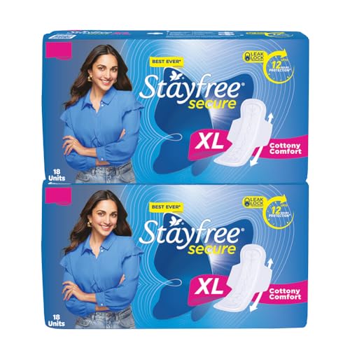 Stayfree Secure XL Sanitary Pads – 36 Pads (Pack of 2 × 18) | Cottony Soft Cover | Leak‑Lock Technology | Odour Control | Up to 12‑Hour Protection