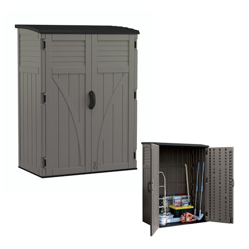 Suncast 54 Cubic Ft. Vertical Resin Outdoor Storage Shed with Lockable Double Doors, Weather-Resistant Multi-Wall Panels, Customizable Shelving, Stoney, Made in the USA