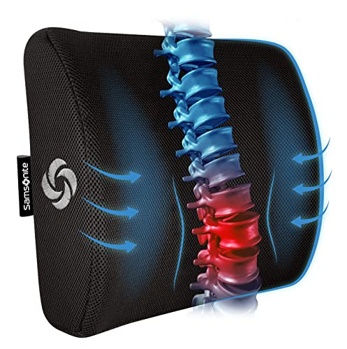 Samsonite Ergonomic Lumbar Support Pillow for Office Chair, Gaming Chair, or Car, Memory Foam Cushion with Ventilated Mesh and Adjustable Strap for Long Lasting Support