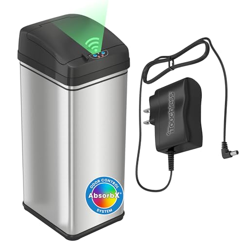 iTouchless 50 Liter / 13 Gallon Kitchen Trash Can with AC Adapter, Lid & Odor Filter – Motion Sensor Stainless Steel Garbage Bin for Home, Office, or Garage – Slim, Large Capacity Design