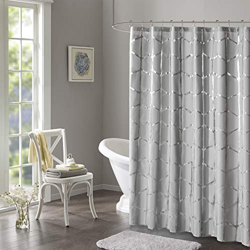 Intelligent Design Raina Shower Curtain Printed Geometric Metallic Machine Washable Modern Home Bathroom Decorations, 72 in x 72 in, Grey