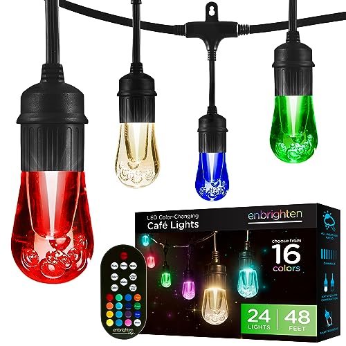 Enbrighten Vintage Outdoor String Lights, 48ft, 24 RGB Acrylic Bulbs, Weatherproof, RF Remote Control, Perfect for Holidays, Gameday, Parties, and More, 37790