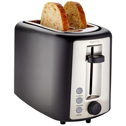 Amazon Basics 2 Slice Toaster, With 6 Browning Settings, Extra Wide Slots For Bagels and Special Breads, Removable Easy-to-Clean Crumb Tray, Cancel/Defrost/Bagel Buttons, 900W, Black & Silver
