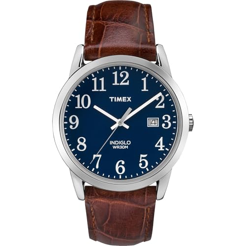 Timex Men's Easy Reader 38mm Watch – Silver-Tone Case Blue Dial with Brown Croco Leather Strap